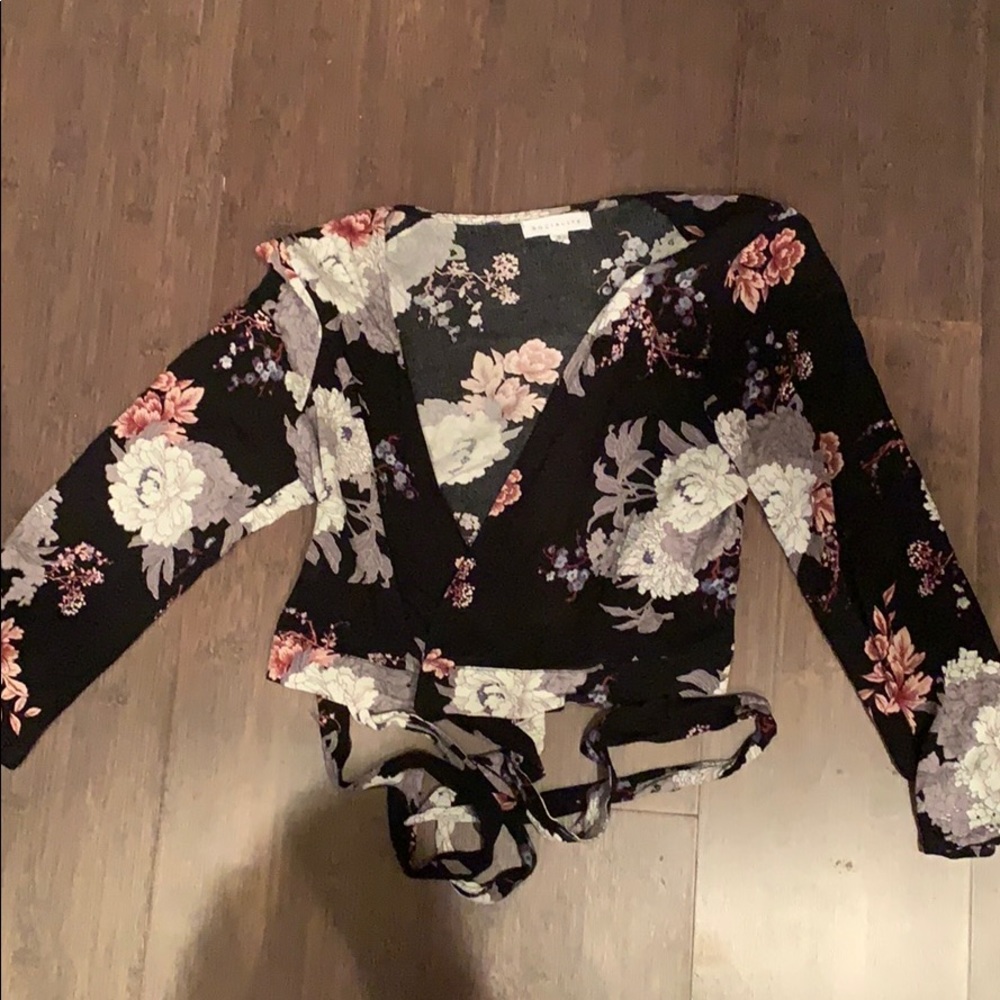 Black floral cropped wrap blouse